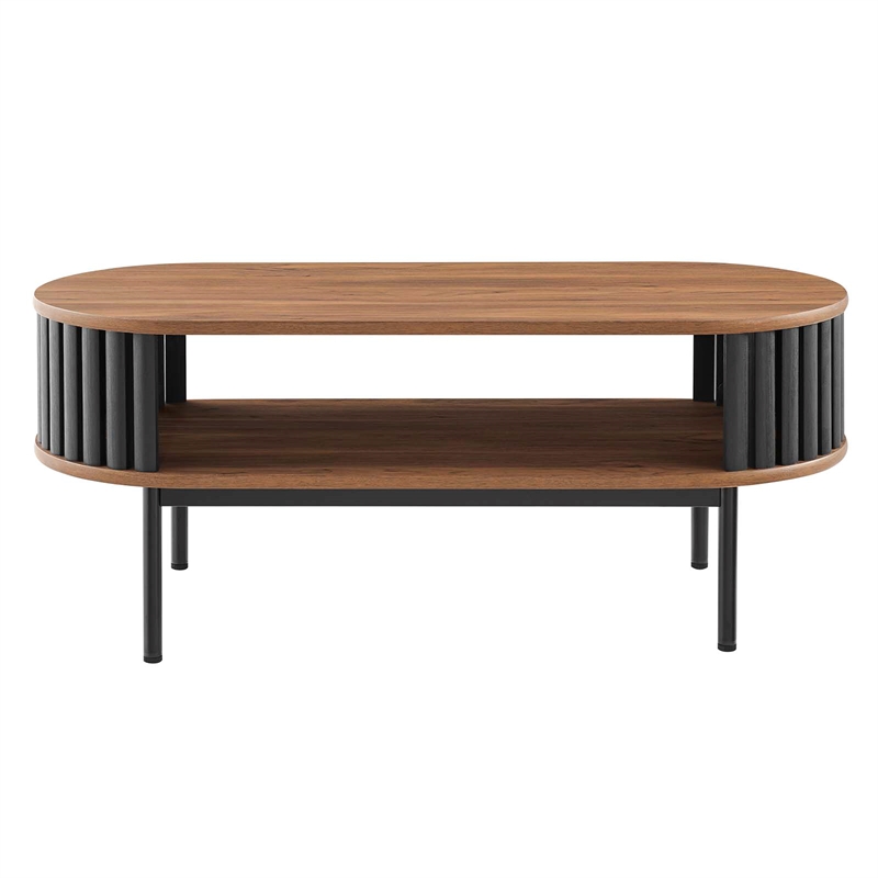 Pemberly Row Oval Wood Coffee Table with Open Storage in Walnut/Black