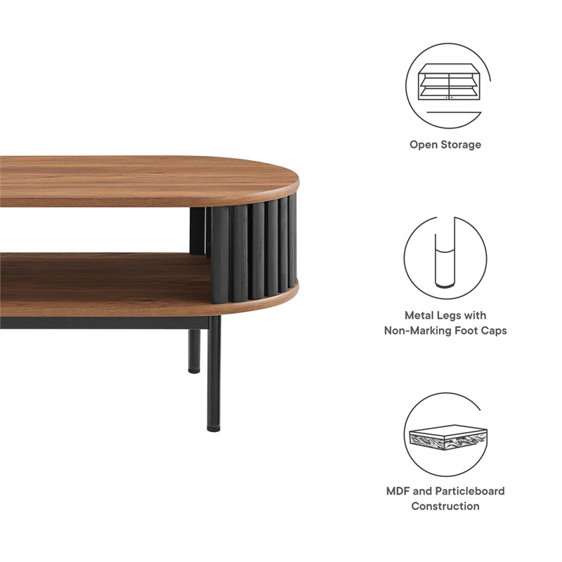 Pemberly Row Oval Wood Coffee Table with Open Storage in Walnut/Black