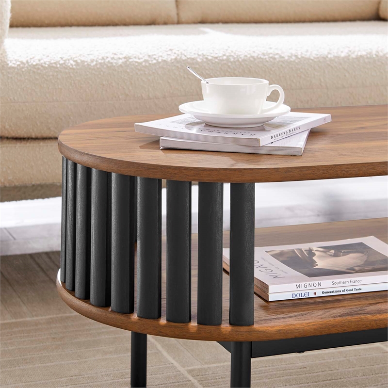 Pemberly Row Oval Wood Coffee Table with Open Storage in Walnut/Black