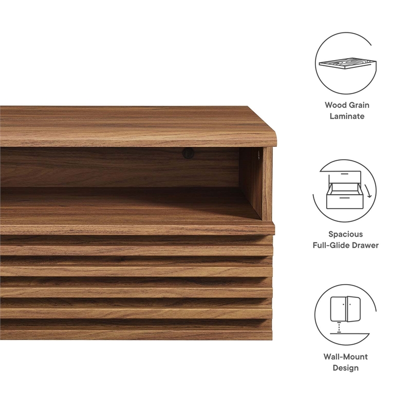 Pemberly Row 1-Drawer Wall-Mount Modern Wood Nightstand in Walnut