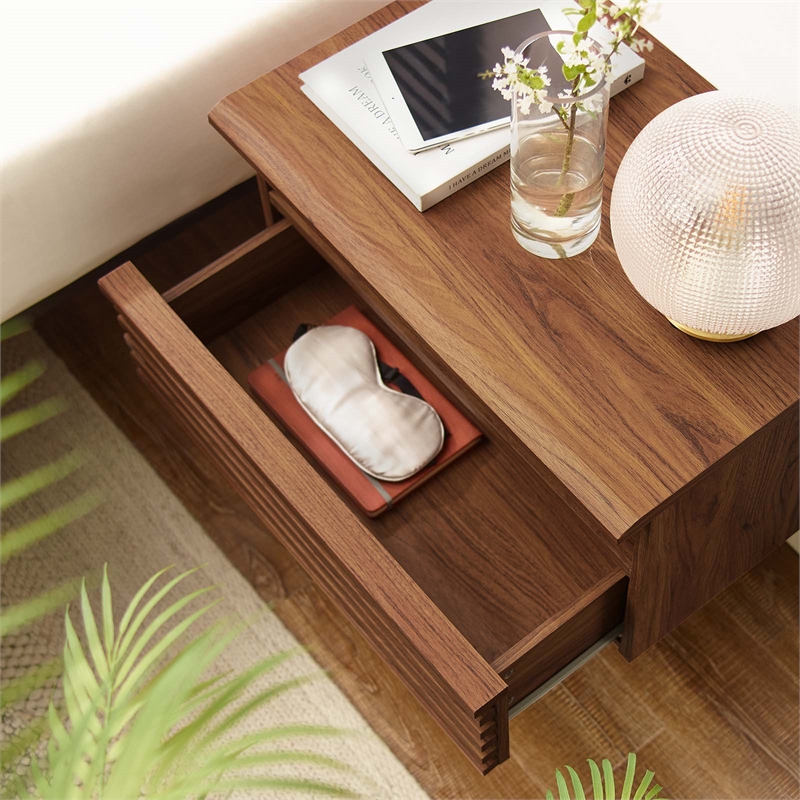 Pemberly Row 1-Drawer Wall-Mount Modern Wood Nightstand in Walnut