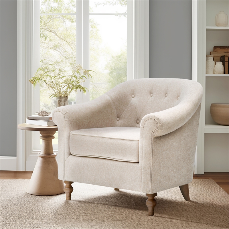 Pemberly Row Tufted Upholstered Fabric Accent Arm Chair in Cream