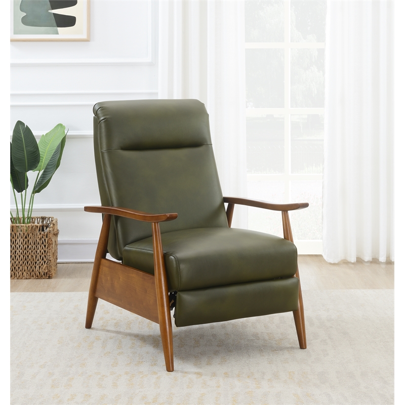 Pemberly Row Modern Green Faux Leather Wood Arm Push Back Recliner