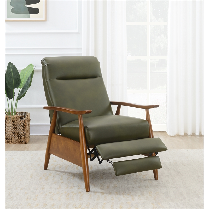 Pemberly Row Modern Green Faux Leather Wood Arm Push Back Recliner