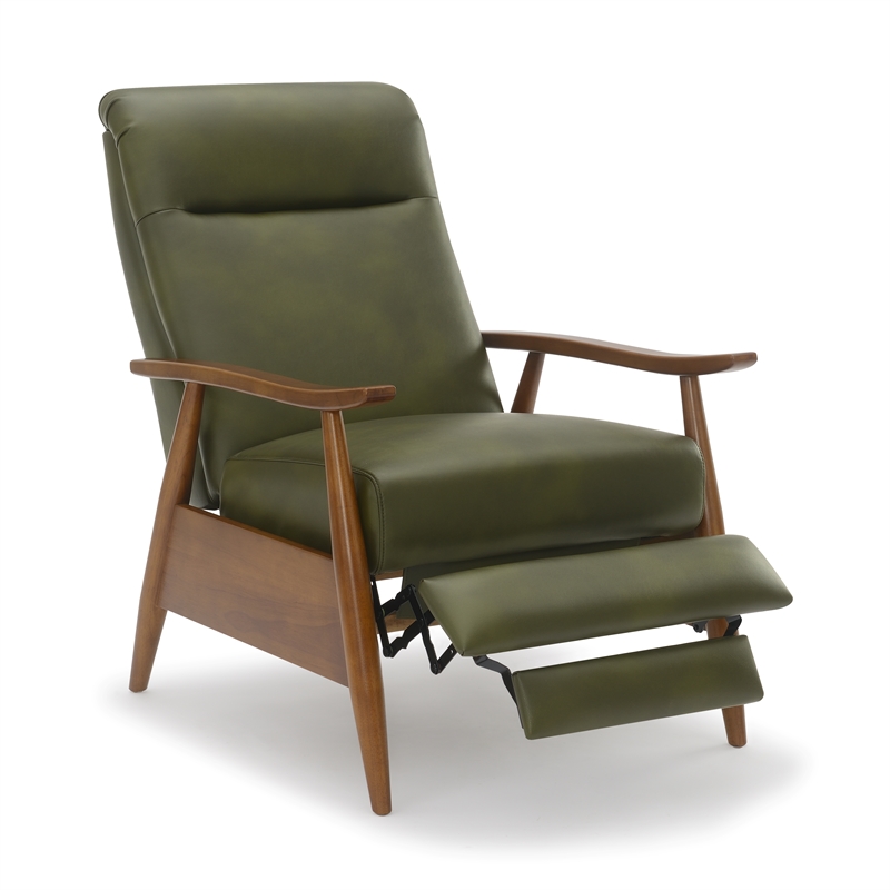 Pemberly Row Modern Green Faux Leather Wood Arm Push Back Recliner