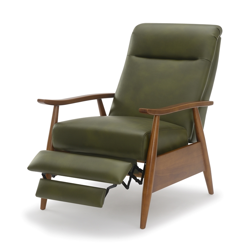 Pemberly Row Modern Green Faux Leather Wood Arm Push Back Recliner