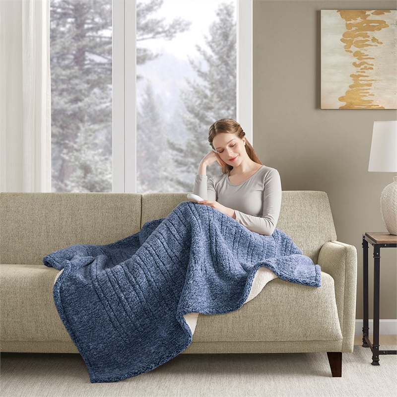 Pemberly Row Modern / Contemporary Fabric Heated Throw in Blue