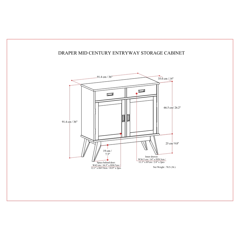 Pemberly Row Solid Hardwood 36inch Wide Entryway Storage Cabinet in Teak Brown
