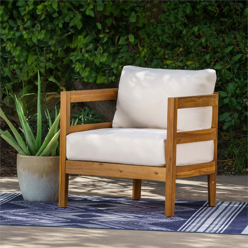 Pemberly Row Acacia Wood Club Chair Slat Back Beige Cushions in Brown Oil Finish
