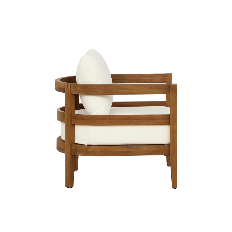 Pemberly Row Acacia Wood Club Chair Slat Back Beige Cushions in Brown Oil Finish