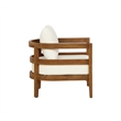 Pemberly Row Acacia Wood Club Chair Slat Back Beige Cushions in Brown Oil Finish