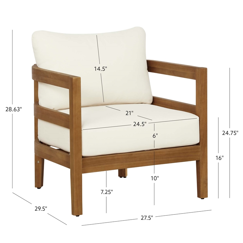 Pemberly Row Acacia Wood Club Chair Slat Back Beige Cushions in Brown Oil Finish