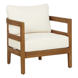 Pemberly Row Acacia Wood Club Chair Slat Back Beige Cushions in Brown Oil Finish