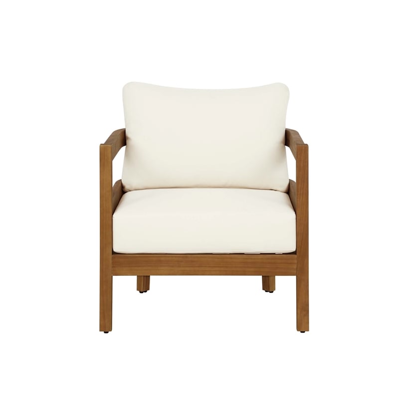 Pemberly Row Acacia Wood Club Chair Slat Back Beige Cushions in Brown Oil Finish