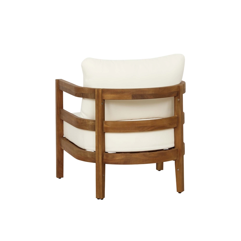 Pemberly Row Acacia Wood Club Chair Slat Back Beige Cushions in Brown Oil Finish