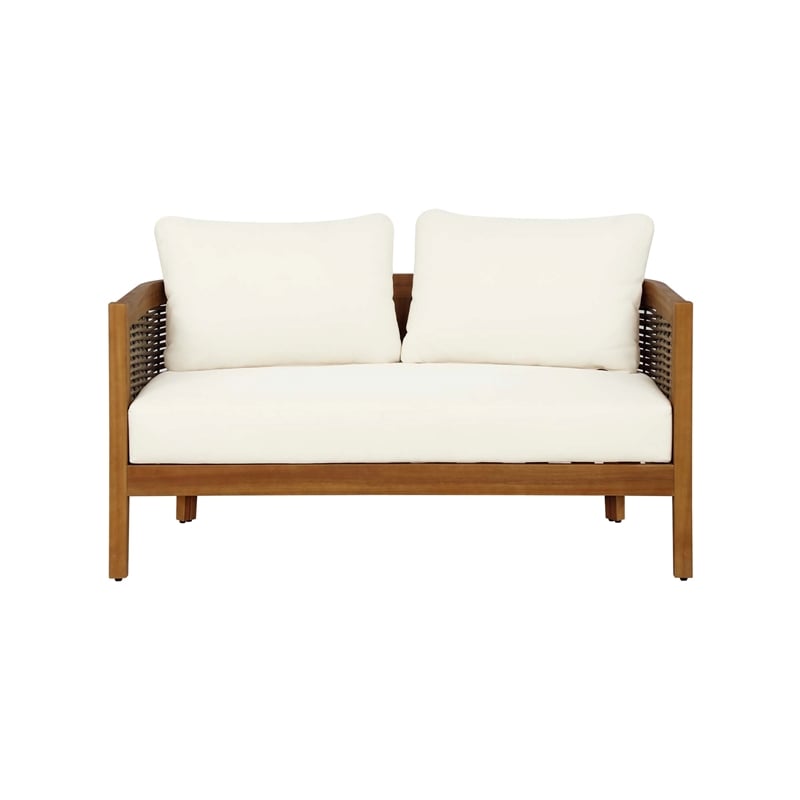 Pemberly Row Loveseat Table & 2 Chair Set Beige Cushions - Brown