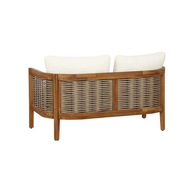 Pemberly Row Loveseat Table & 2 Chair Set Beige Cushions - Brown