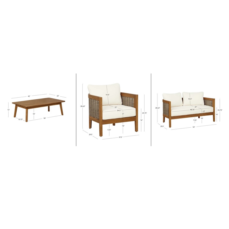 Pemberly Row Loveseat Table & 2 Chair Set Beige Cushions - Brown