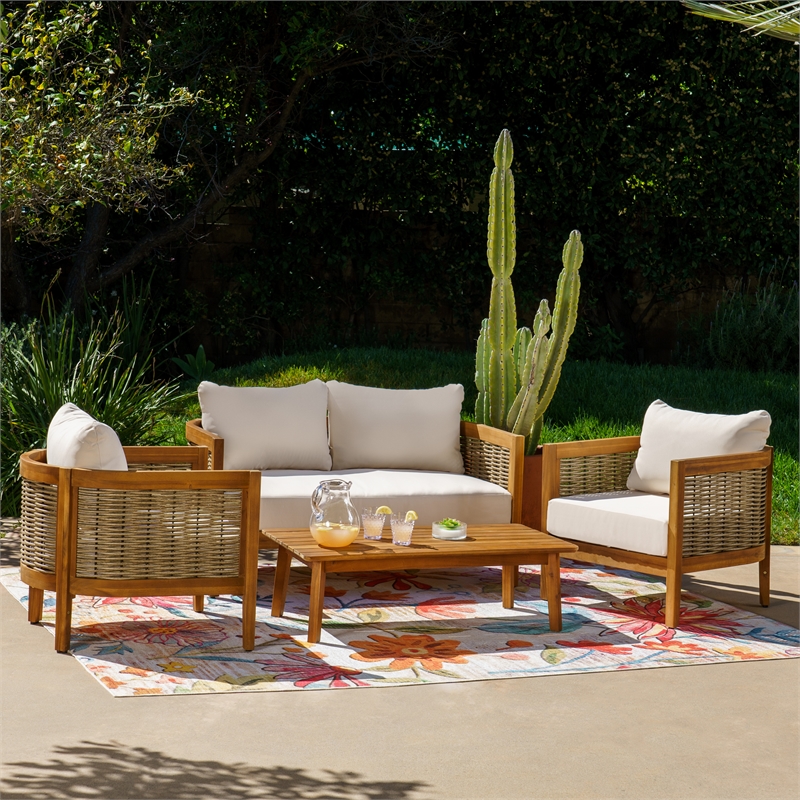 Pemberly Row Loveseat Table & 2 Chair Set Beige Cushions - Brown