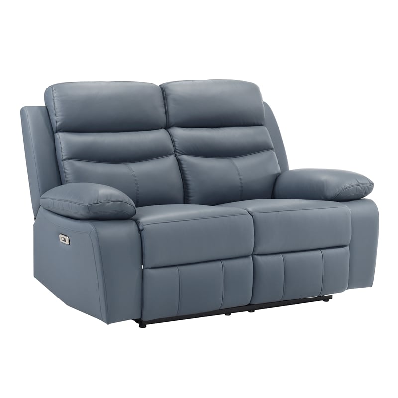 Pemberly Row Leather Power Double Reclining Love Seat in Blue