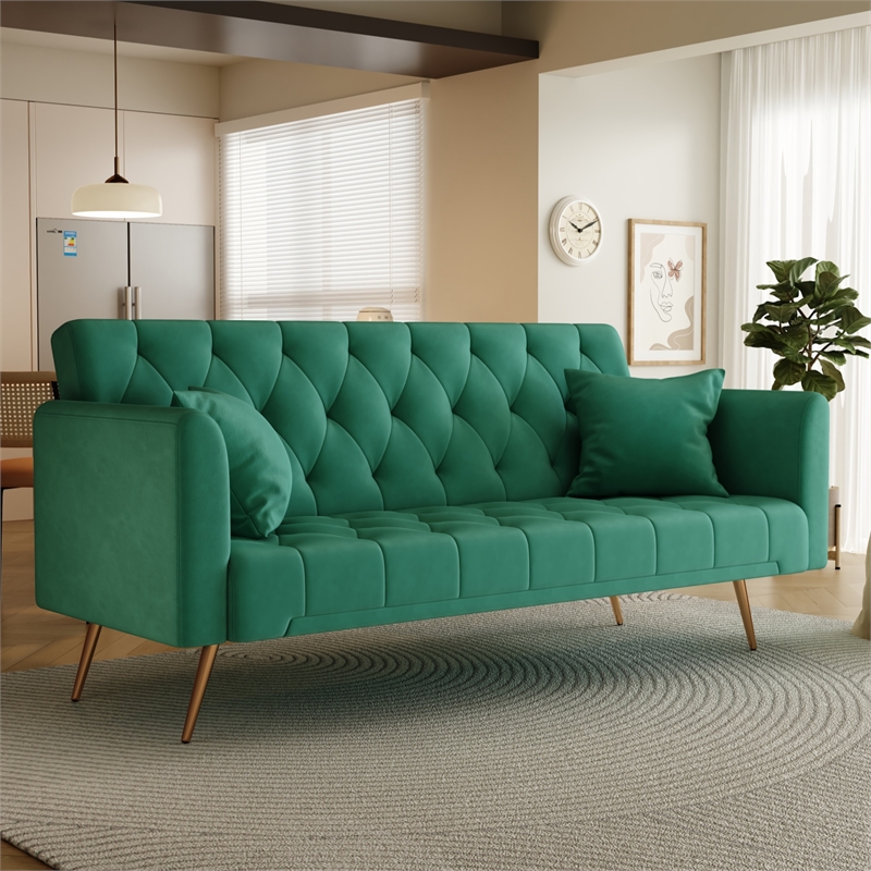 Pemberly Row Convertible Folding Velvet Green Sofa Bed with Adjustable Backrest
