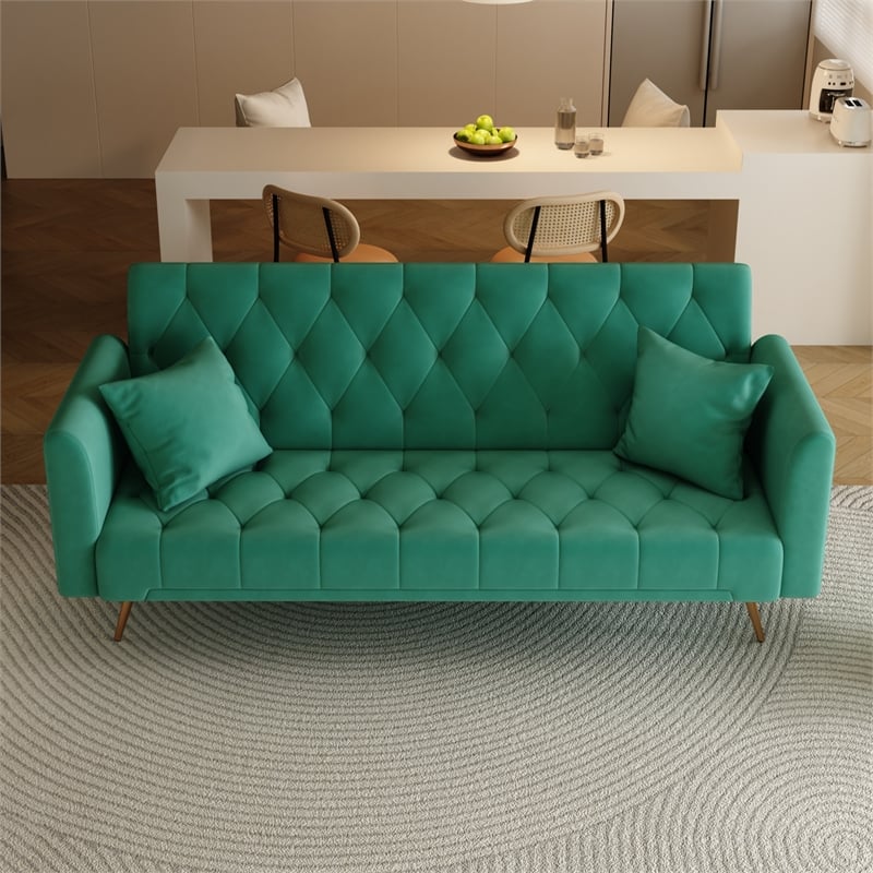 Pemberly Row Convertible Folding Velvet Green Sofa Bed with Adjustable Backrest