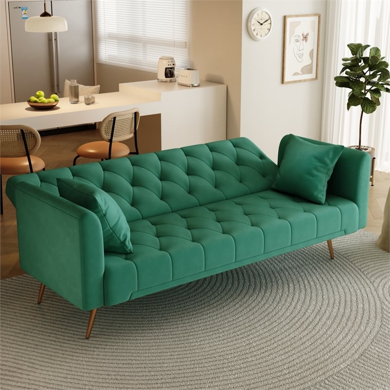 Pemberly Row Convertible Folding Velvet Green Sofa Bed with Adjustable Backrest