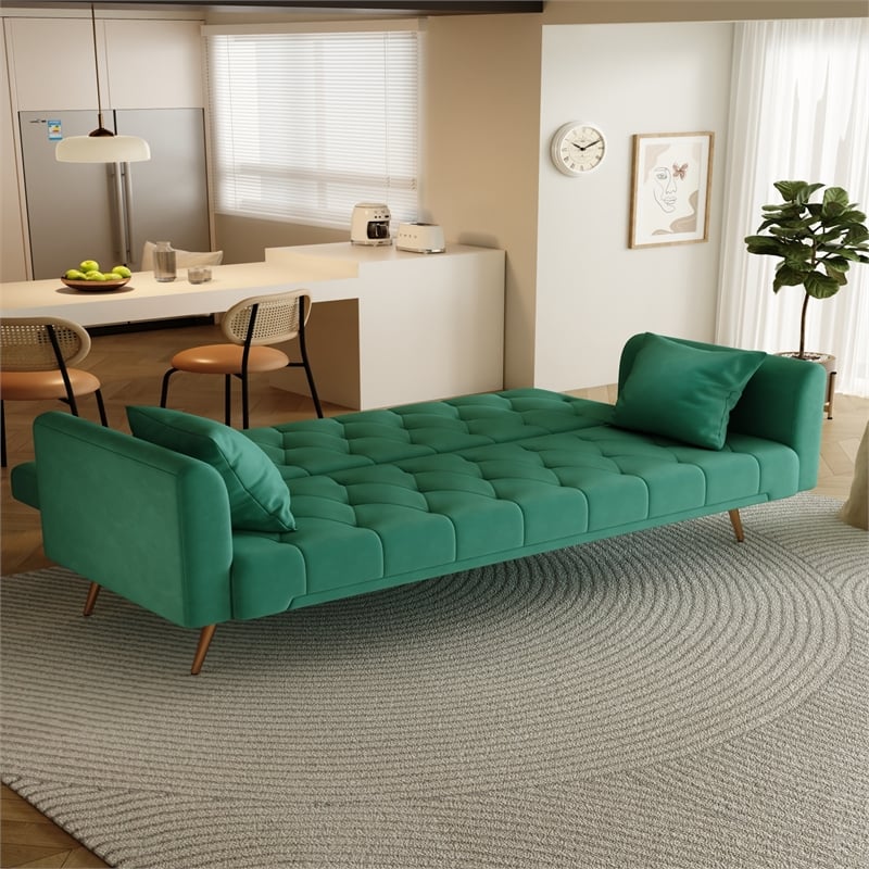 Pemberly Row Convertible Folding Velvet Green Sofa Bed with Adjustable Backrest