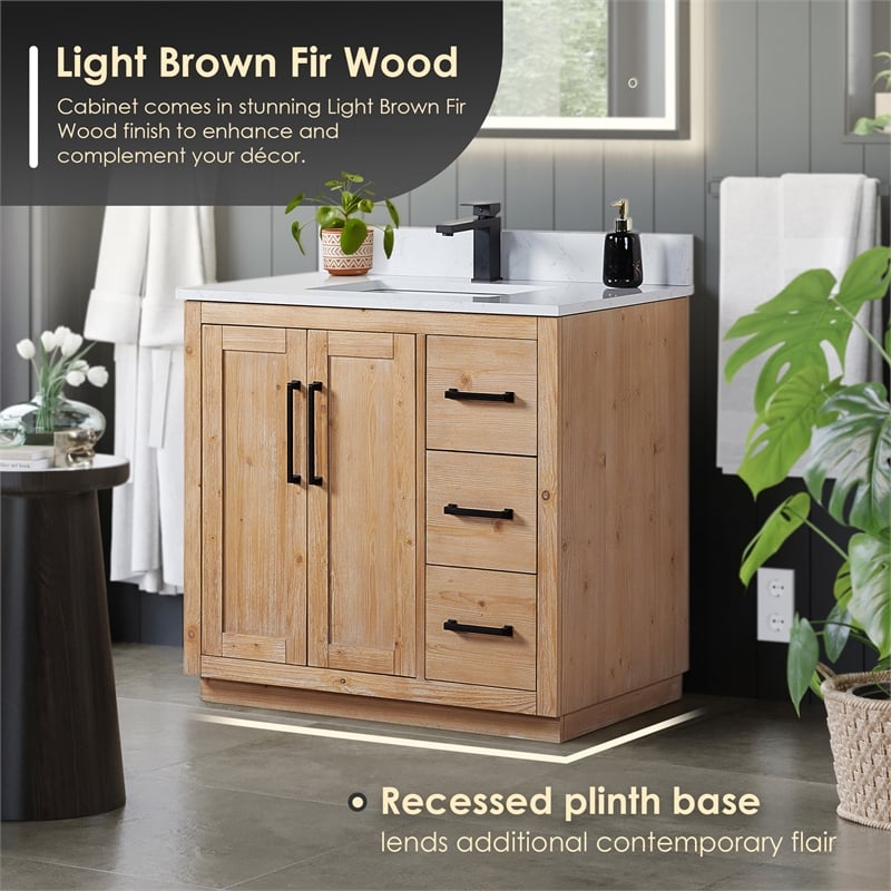 Pemberly Row Wood Vanity - Light Brown w/ White Composite Stone Top no Mirror