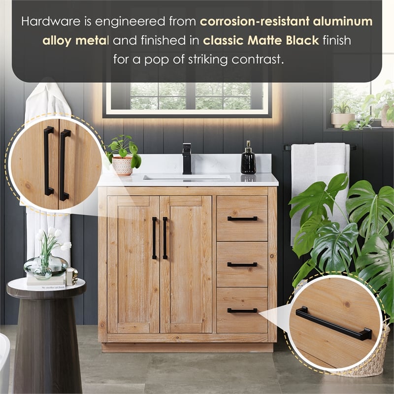 Pemberly Row Wood Vanity - Light Brown w/ White Composite Stone Top no Mirror