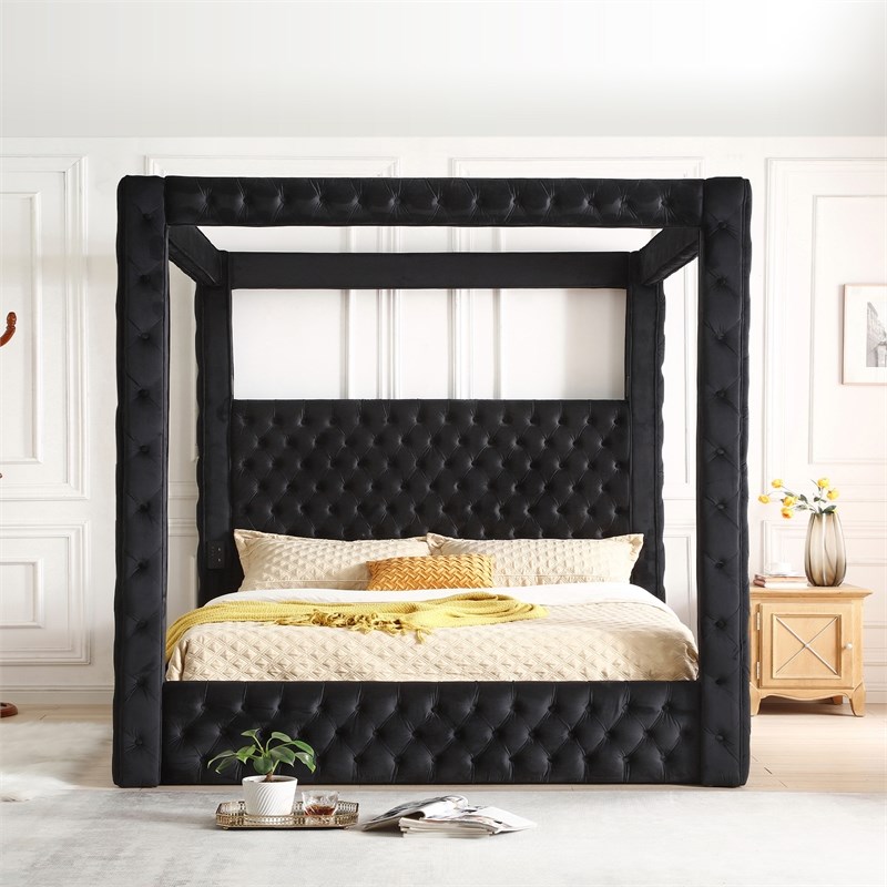 Pemberly Row Velvet Canopy King Bed with Speaker and USB Connection in Black