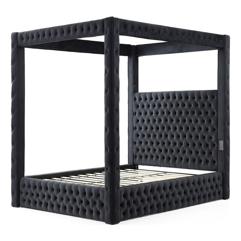 Pemberly Row Velvet Canopy King Bed with Speaker and USB Connection in Black