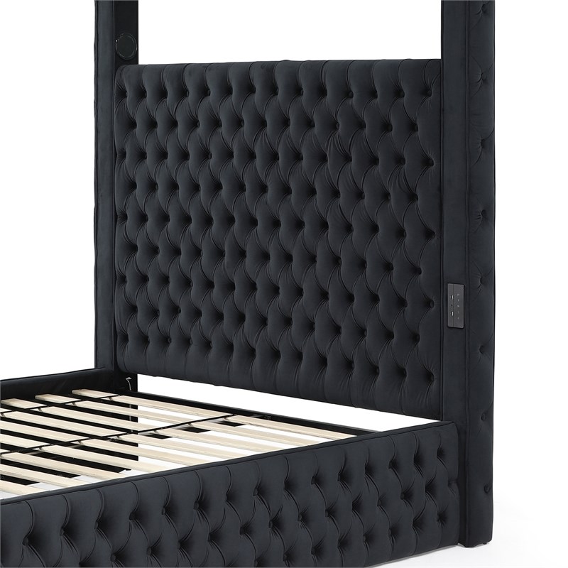 Pemberly Row Velvet Canopy King Bed with Speaker and USB Connection in Black