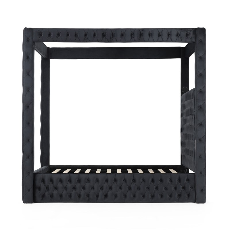 Pemberly Row Velvet Canopy King Bed with Speaker and USB Connection in Black