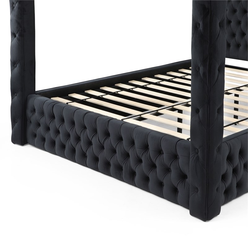 Pemberly Row Velvet Canopy King Bed with Speaker and USB Connection in Black