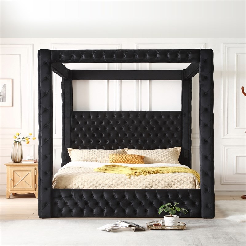 Pemberly Row Velvet Canopy King Bed with Speaker and USB Connection in Black