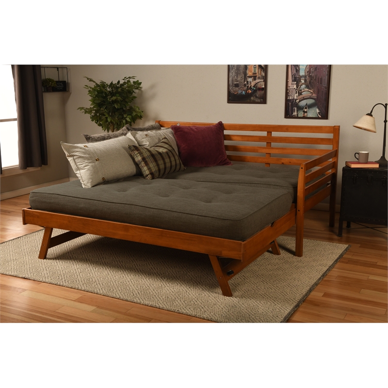 Pemberly Row Boho Wood Daybed/Pop Up in Barbados Brown with Linen Mattresses