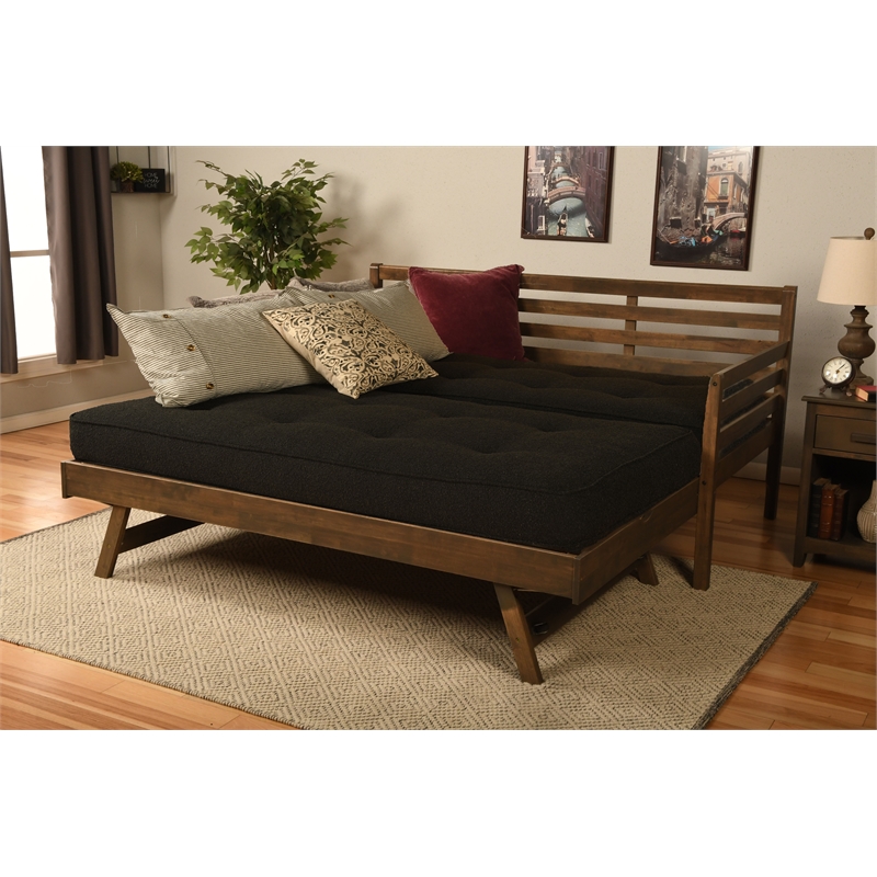 Pemberly Row Boho Wood Daybed/Pop Up Bed in Walnut Brown with Black Mattresses