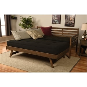 Pemberly Row Boho Wood Daybed/Pop Up Bed in Walnut Brown with Black Mattresses