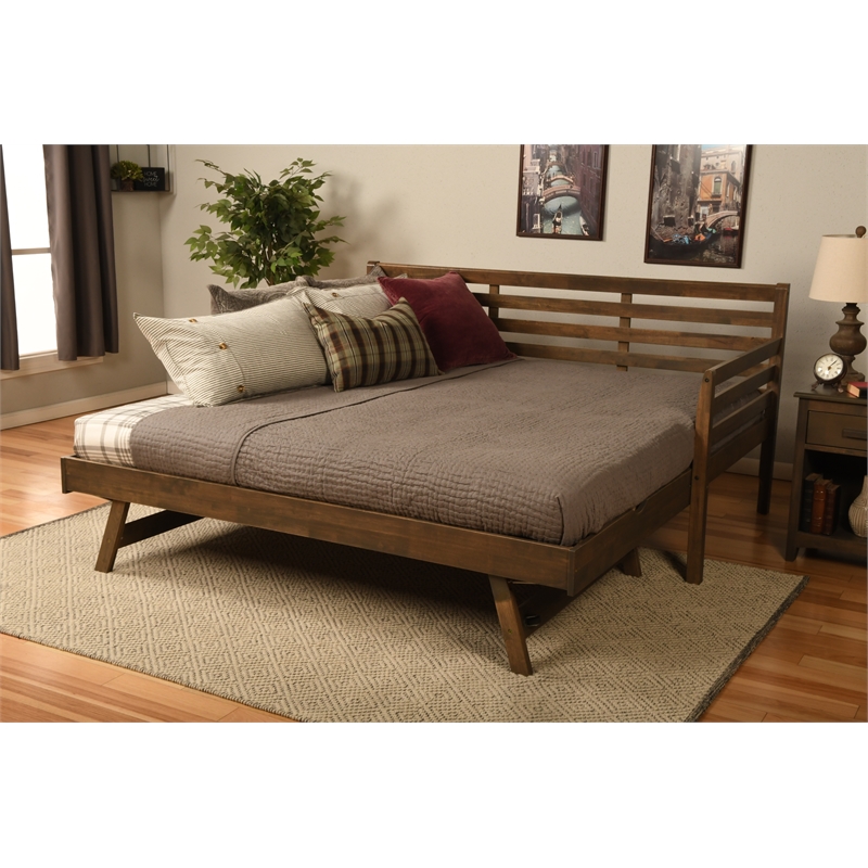 Pemberly Row Boho Wood Daybed/Pop Up Bed in Walnut Brown with Black Mattresses