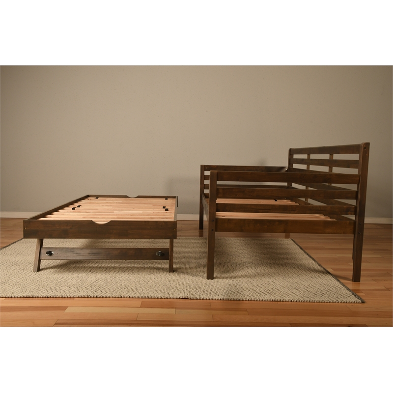 Pemberly Row Boho Wood Daybed/Pop Up Bed in Walnut Brown with Black Mattresses