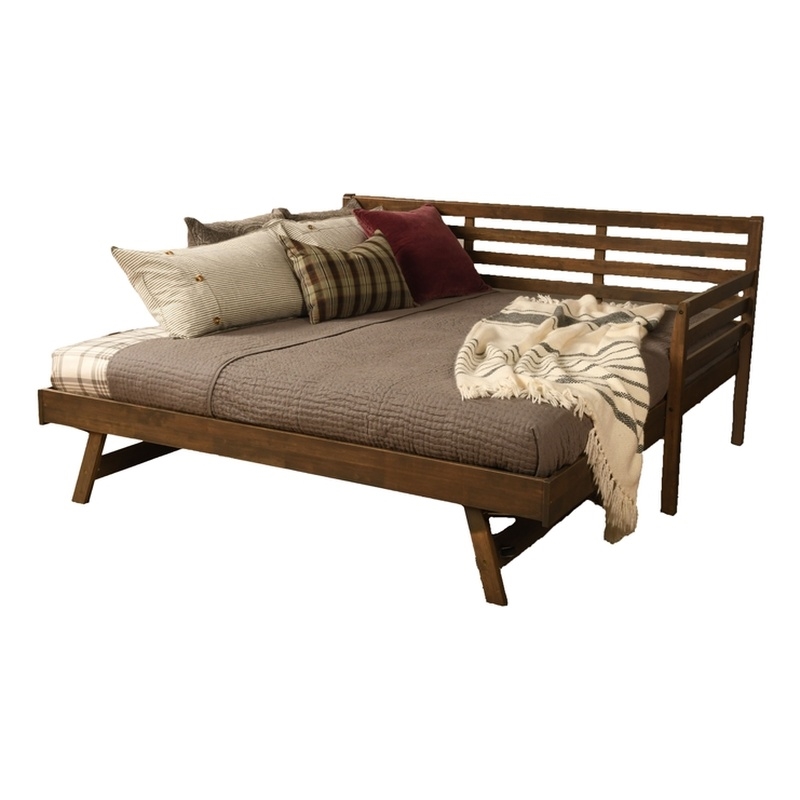 Pemberly Row Boho Wood Daybed/Pop Up Bed in Walnut Brown with Black Mattresses