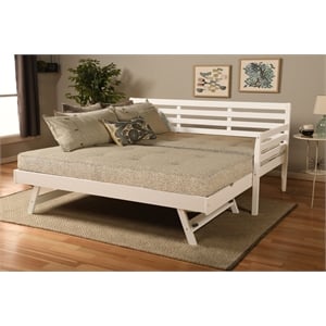 Pemberly Row Boho Wood Daybed/Pop Up Bed in White with Gray Mattresses