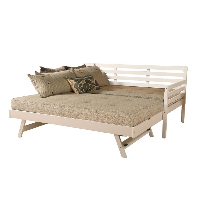 Pemberly Row Boho Wood Daybed/Pop Up Bed in White with Gray Mattresses