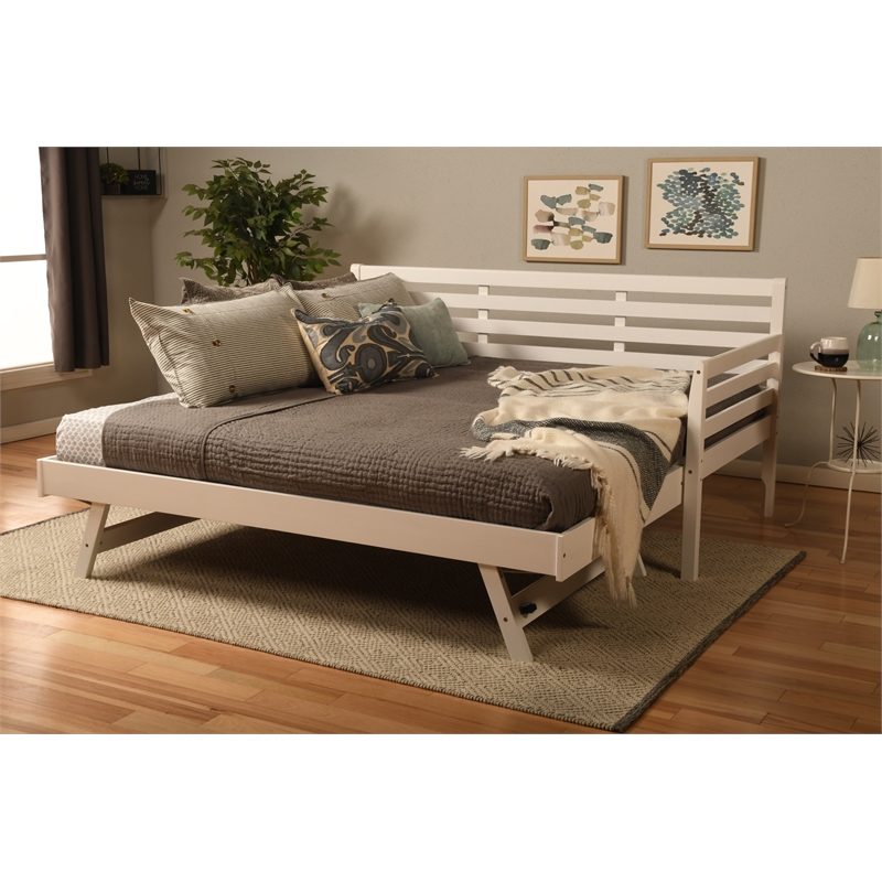 Pemberly Row Boho Wood Daybed/Pop Up Bed in White with Gray Mattresses