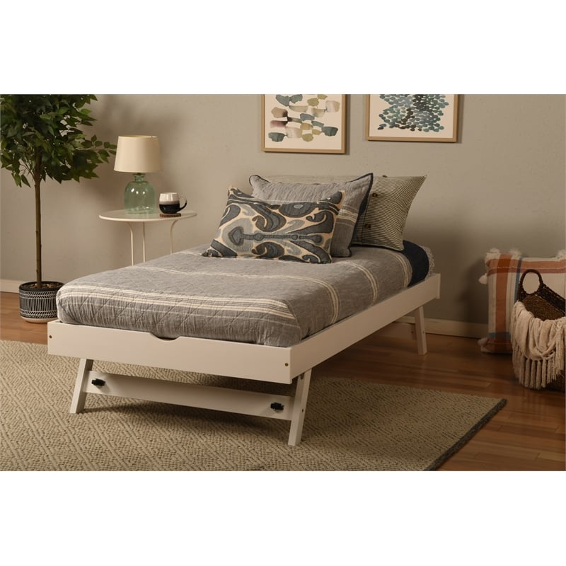Pemberly Row Boho Wood Daybed/Pop Up Bed in White with Gray Mattresses
