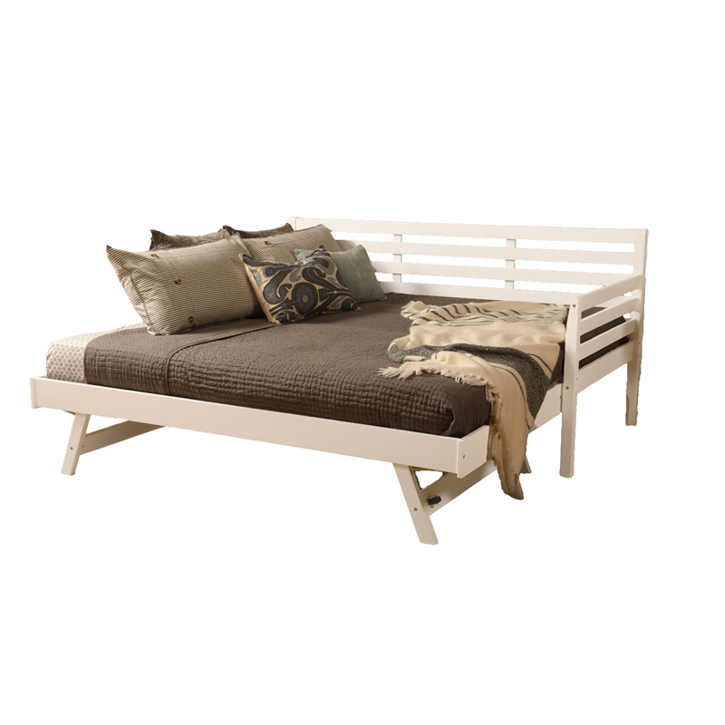 Pemberly Row Boho Wood Daybed/Pop Up Bed in White with Gray Mattresses