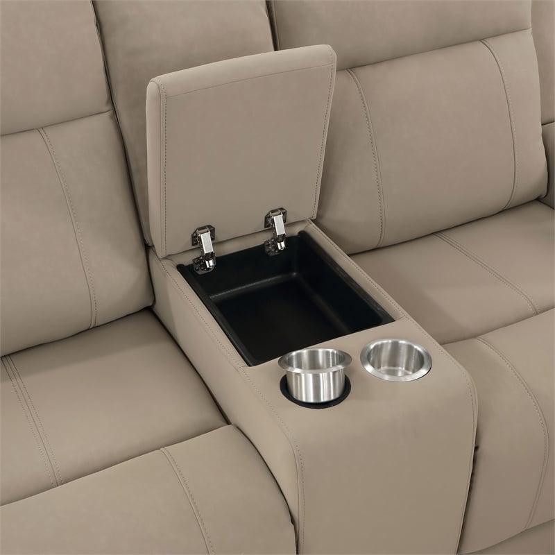 Pemberly Row Faux Leather Upholstered Motion Reclining Loveseat in Taupe