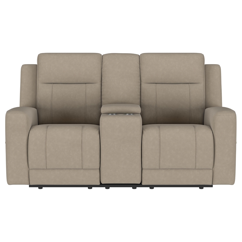Pemberly Row Faux Leather Upholstered Motion Reclining Loveseat in Taupe