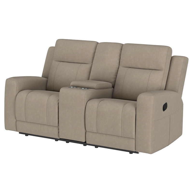 Pemberly Row Faux Leather Upholstered Motion Reclining Loveseat in Taupe